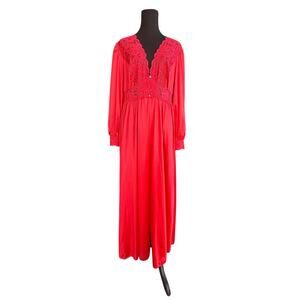 Shadowline Silhouette Lace Bodice Button Down Long Robe - nylon - red - size L